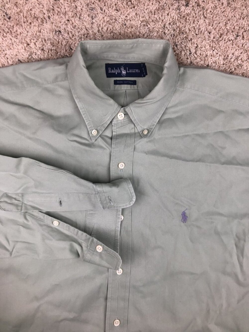 Ralph Lauren Button Up Shirt Men’s Large XL Green Cotton Adult THICK Purple Pony